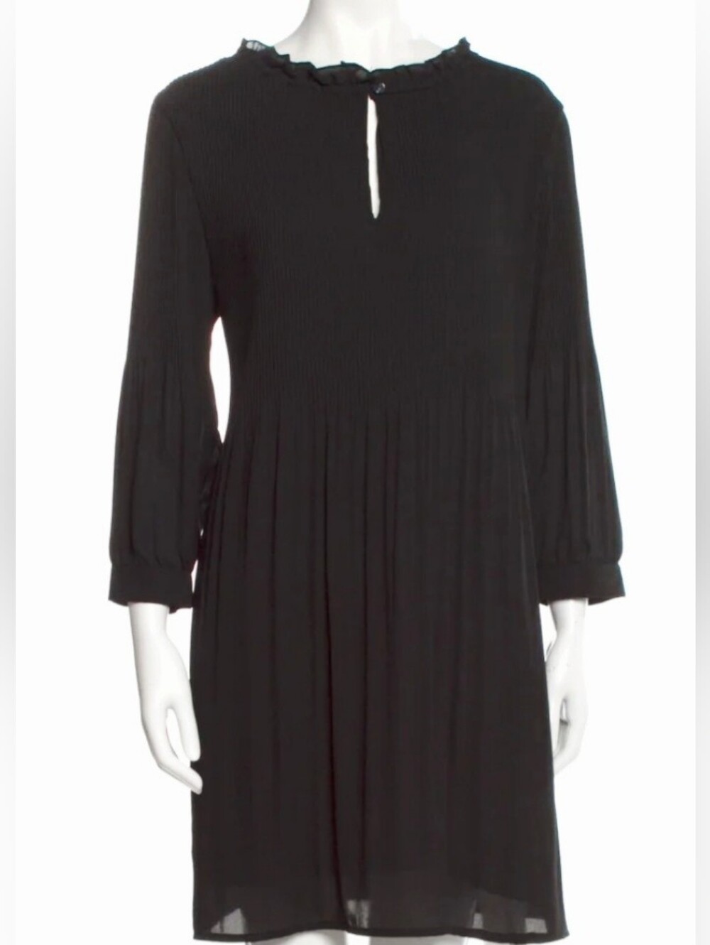 HALSTON Black Pleated Scoop Neck Mini Dress (Size M)